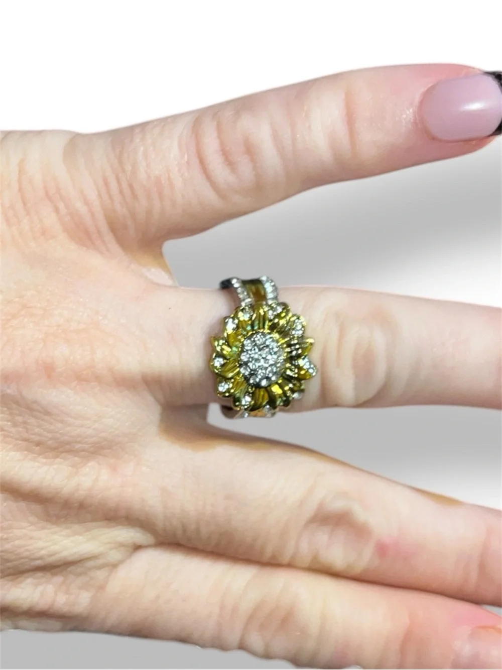Sunflower Two-Tone Gold & Silver Ring with Pavé Crystals sz 7